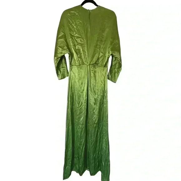 NEW MNG Mango Satin Green Long Formal Maxi V-Neck 3/4 Sleeve Minimalist Dress 6 - Picture 5 of 11